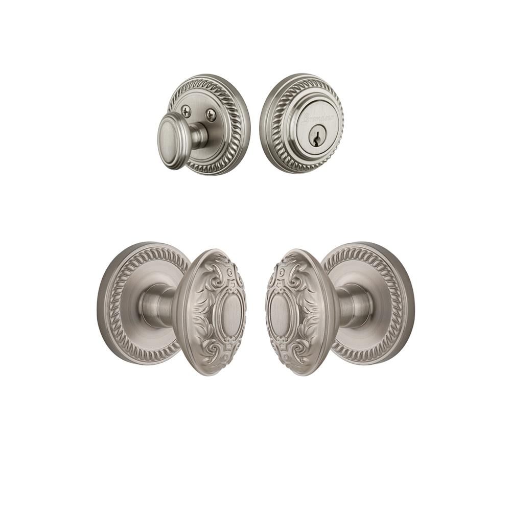 Grandeur by Nostalgic Warehouse Single Cylinder Combo Pack Keyed Differently - Newport Rosette with Grande Victorian Knob and Matching Deadbolt in Satin Nickel